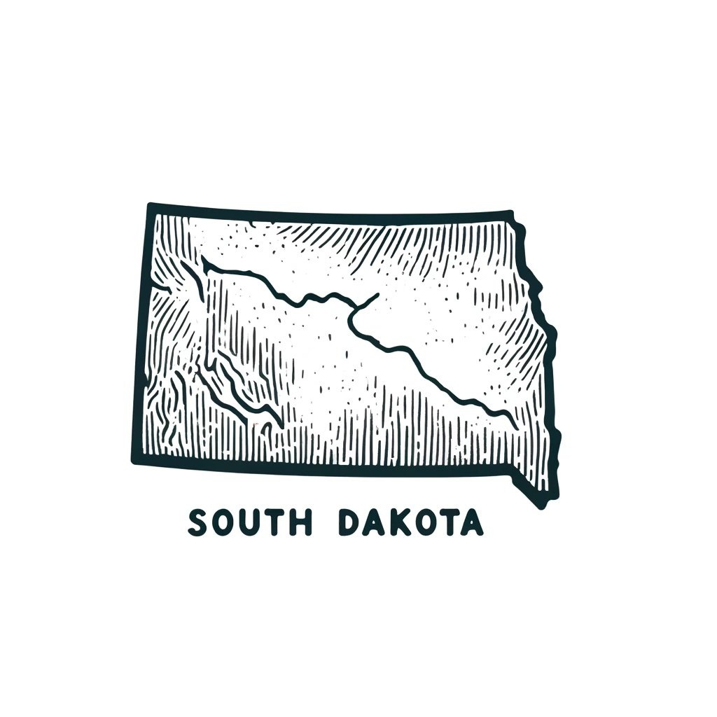 A simple hand-drawn outline of the state of South Dakota. The map features only the outline of the state's shape without any internal lines, additional details, or labels. The style is rustic and artistic.