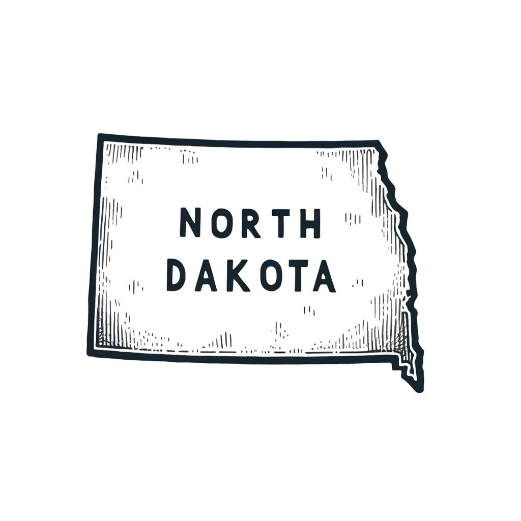 A hand-drawn outline of the state of North Dakota on a white background. The shape is slightly irregular, almost rectangular, reflecting the state's distinctive form.