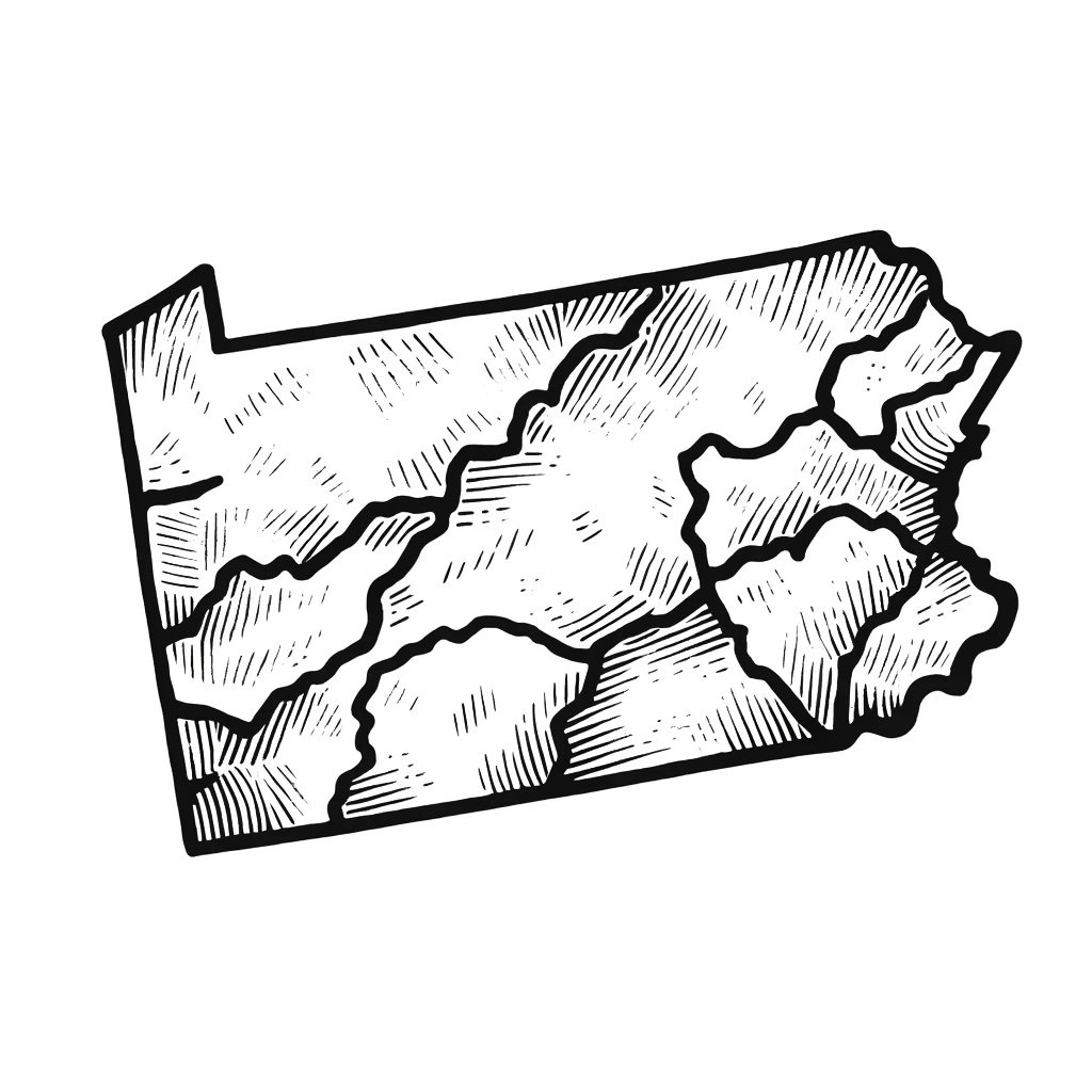 A hand-drawn outline of the state of Pennsylvania on a white background. The shape is irregular with a combination of straight and curved borders.