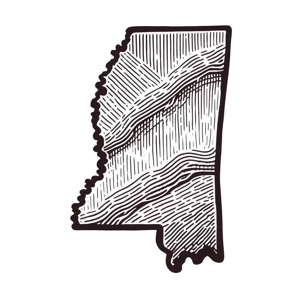A hand-drawn outline of the state of Mississippi on a white background. The shape is irregular with a combination of straight and curved borders.