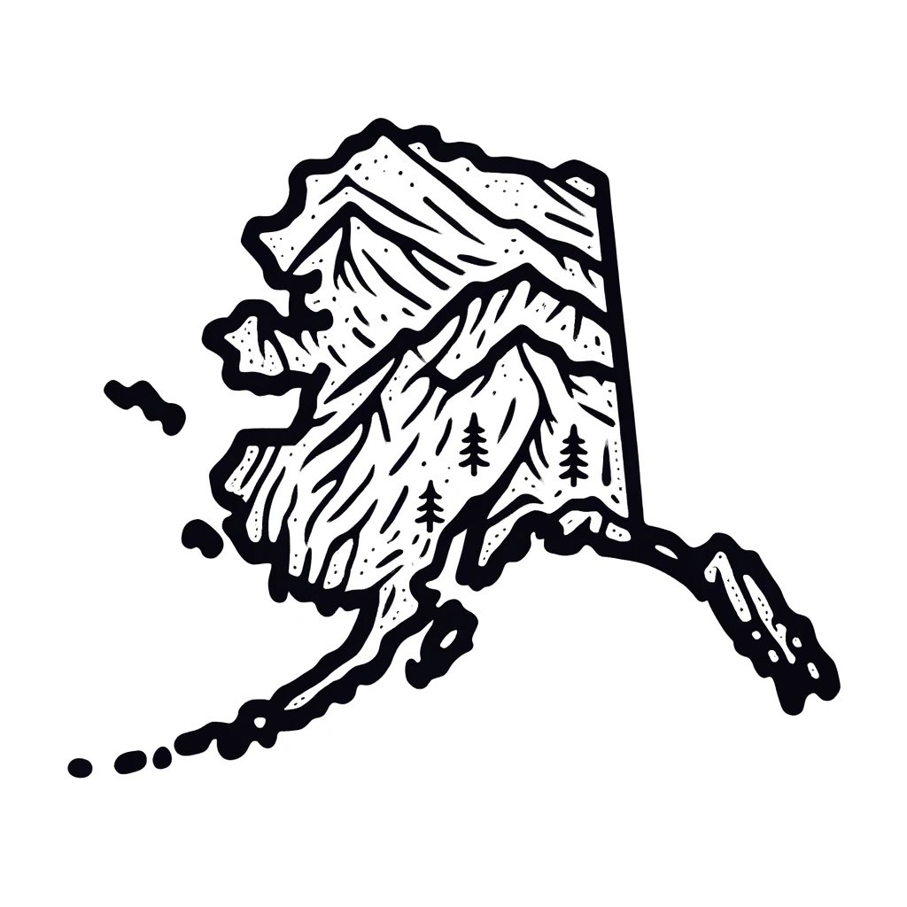 A hand-drawn outline of the state of Alaska on a white background. The shape is irregular with a combination of straight and curved borders.