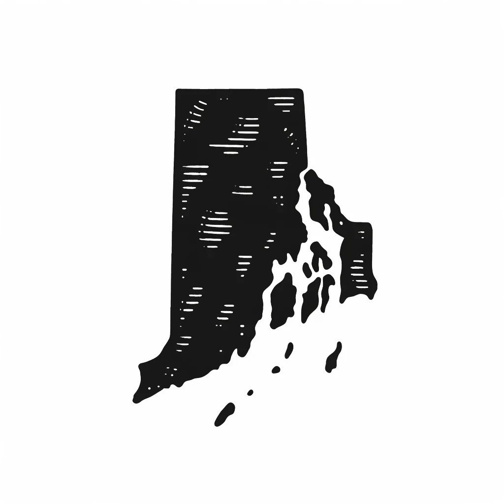 A hand-drawn outline of the state of Rhode Island on a white background. The outline is simple, clean, and drawn in a dark color to clearly define the shape of Rhode Island.