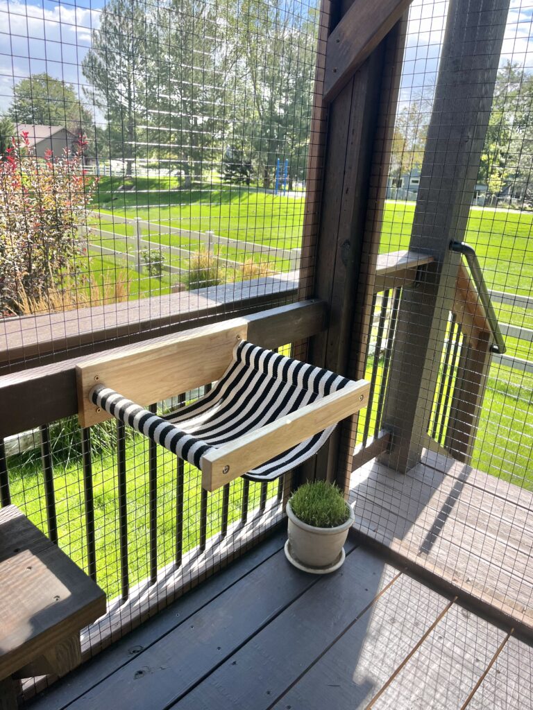 outdoor-catio-in-Thornton-Colorado-with-PVC-coated-stainless-steel-critter-fencing-featuring-a-striped-hammock-bed-for-cats-a-wooden-shelf-and-a-potted-plant-with-a-scenic-view-of-green-lawn-and-trees