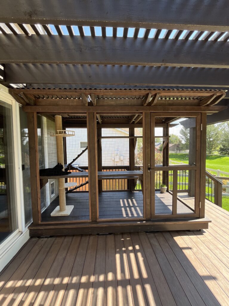 outdoor-catio-with-wooden-frame-and-pvc-coated-stainless-steel-critter-fencing-under-a-pergola-on-a-deck-in-Thornton-Colorado-complete-with-a-cat-tree-and-ramps-for-cats-to-play-and-relax-in-safety