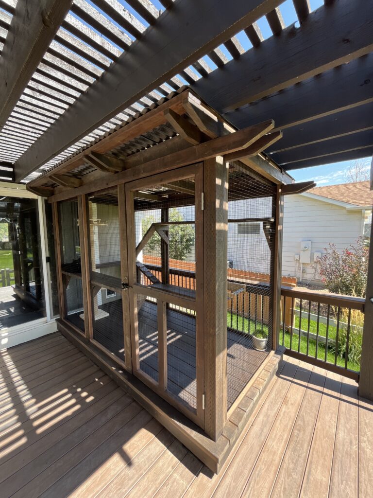 Outdoor catio in Thornton, Colorado, featuring a wooden frame with PVC-coated stainless steel critter fencing, positioned under a pergola on a deck. The catio includes multiple levels, ramps, and shelves, providing a safe and enriching environment for cats to explore the outdoors while remaining secure.